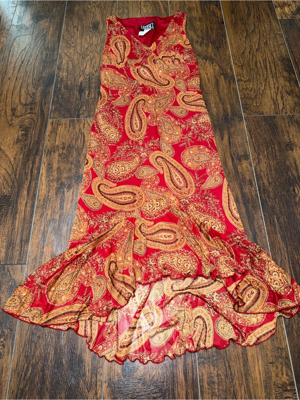City Triangles Red and Gold Paisley Asymmetrical Maxi Dress - Picture 3 of 7